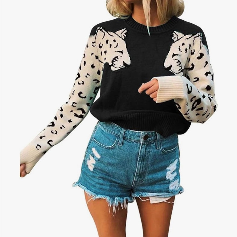 Leopard Print Black and Cream Sweater